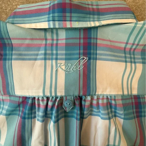 KUHL Women’s Plaid Button Up Short Sleeve Hiking Shirt Blue White Purple Medium - Picture 11 of 12